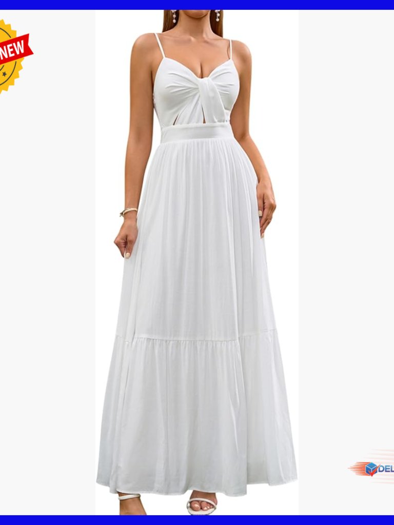 Women's Summer Maxi Dress V-Neck Cutout Smocked Back Flowy A-Line